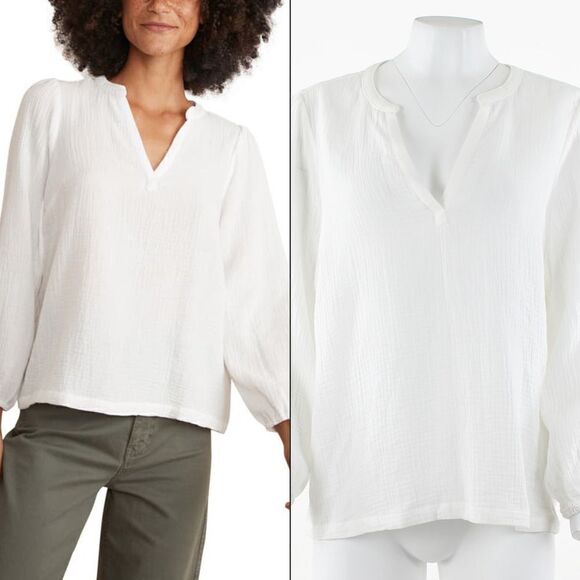 Marine Layer Jamie Banded Collar Double Cloth Top in White - Picture 1 of 5